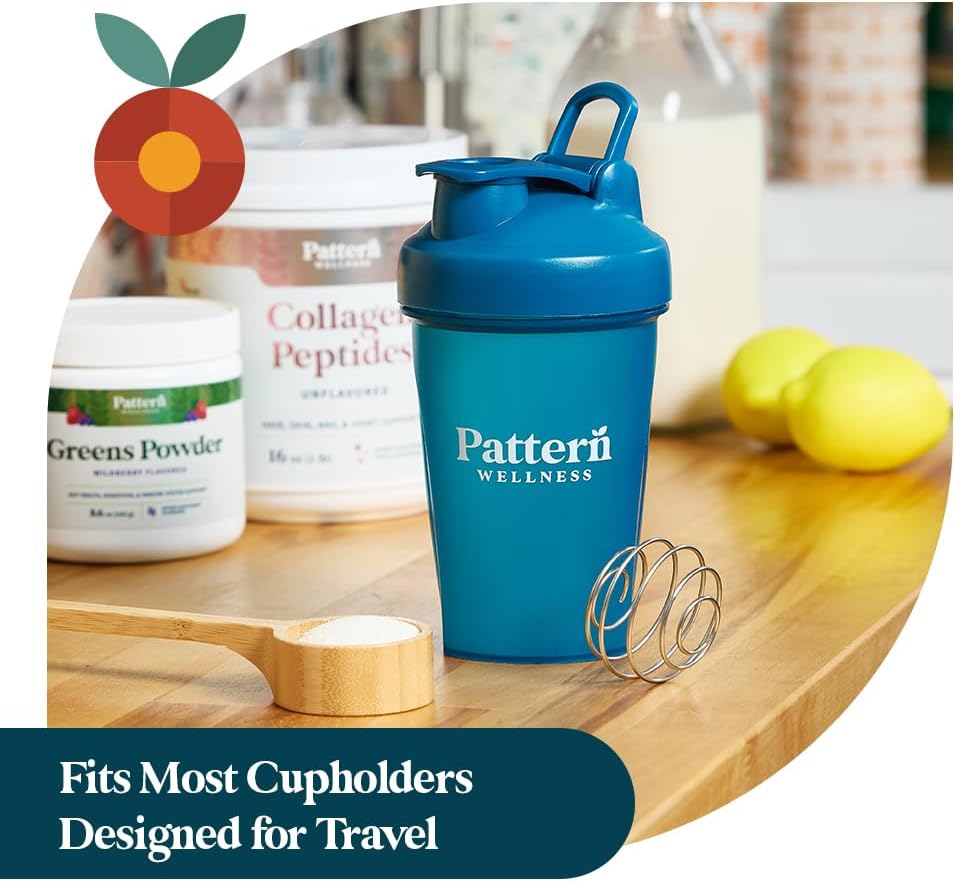 Pattern Wellness Shaker Bottle BPA-Free Plastic Bottle & Lid – 12oz, Food-Grade Steel Shaker Ball For Smooth Mixing Protein Shakes & More, Leak-Proof Seal, Durable, & Dishwasher Safe, Extra-Wide Spout