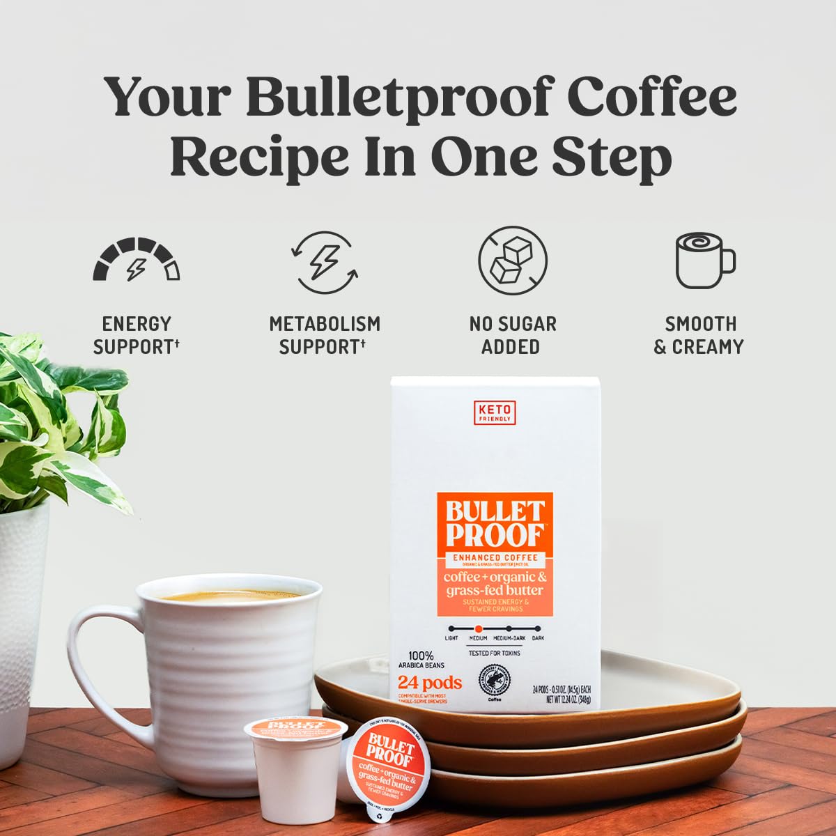 Bulletproof Coffee + Organic Grass-Fed Butter Single-Serve Pods, Keto Coffee, All-in-One Recipe with MCT Oil and Butter, 24 Count