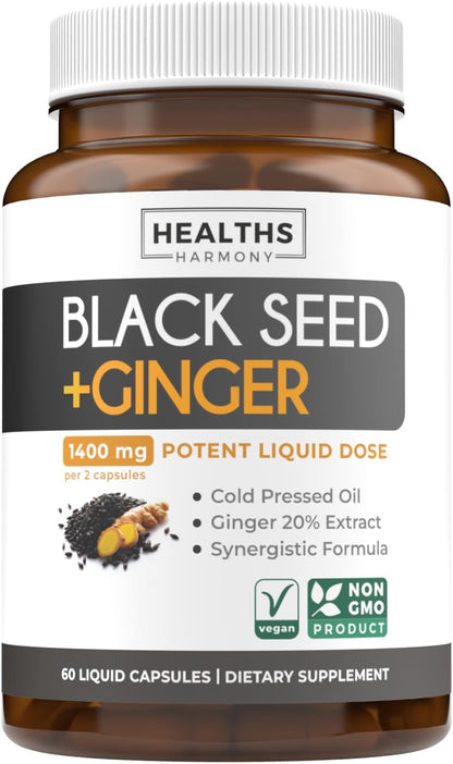 Cold-Pressed Black Seed Oil Capsules - Vegan Non-GMO Nigella Sativa Black Seed Oil Supplement with Ginger Extract for Wellness & Digestive Health Support - Gingerol & Thymoquinone-Rich (1 Month)