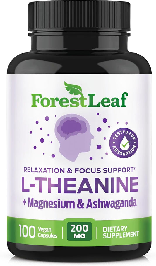 ForestLeaf L Theanine Supplement - L-Theanine 200mg with Ashwagandha and Magnesium for Focus, Stress Relief & Relaxation - Non-GMO & Gluten Free - 100 Caps