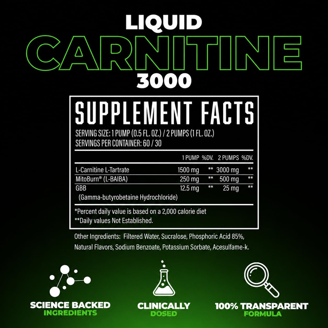 Huge Supplements Liquid L-Carnitine 3000, Superior Potency Infused with 500mg MitoBurn & 25mg GBB, Premium Stim-Free & Energy Boost, Convenient Pump Top, 32 Oz (60 Servings)