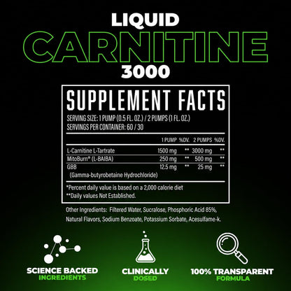 Huge Supplements Liquid L-Carnitine 3000, Superior Potency Infused with 500mg MitoBurn & 25mg GBB, Premium Stim-Free & Energy Boost, Convenient Pump Top, 32 Oz (60 Servings)