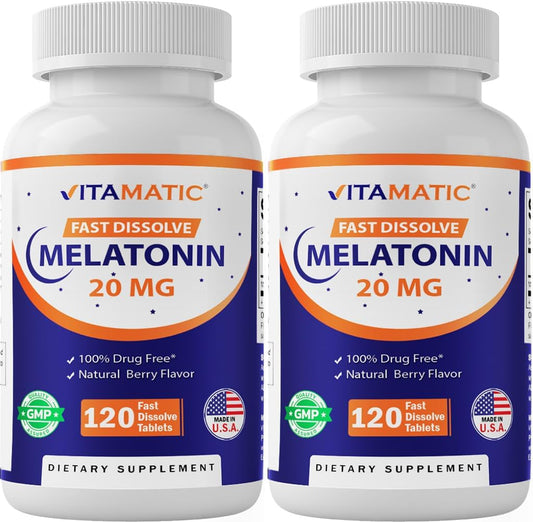 Vitamatic Melatonin 20 mg Fast Dissolve Tablets, 120 Count (2-Pack) | Natural Berry Flavor, Non GMO, Gluten Free, Made in USA