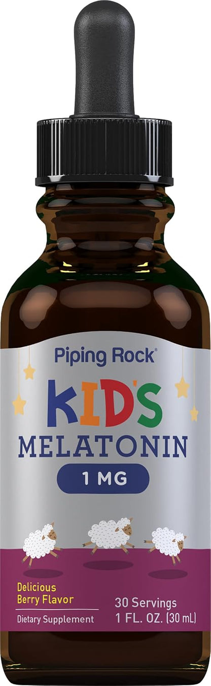Piping Rock Kids Melatonin Liquid 1 fl oz | 1mg | Pack of 3 Bottles | Berry Flavor Drops | Non-GMO, Gluten Free Supplement