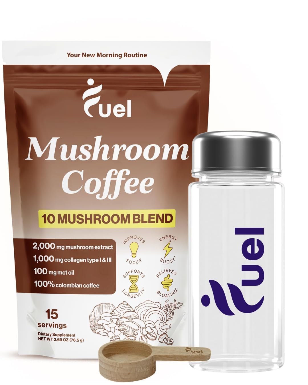 Fuel Brain Boost Mushroom Coffee Nutrition, Organic Blend for Gut Health, Lion's Mane Powder, Chaga & Mushroom Powder Low Caffeine Instant Coffee, Nootropics Drink, 30 Servings
