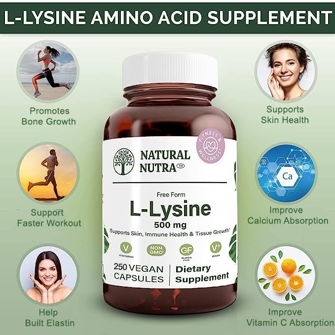 Natural Nutra L Lysine HCl Supplement, Vegan, 500 mg, 250 Capsules | Promotes Bone Health & Growth, Supports Skin Health, Improves Vitamin C Absorption, Improves Calcium Absorption, Non-GMO