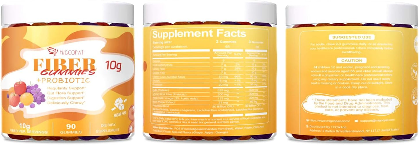 Migcopat 10G Fiber Gummies with Probiotics, Fiber Supplement with 30 Billion CFU Probiotics Blend, ACV, Vitamin C, Inulin - Support Digestive Health - No Sugar Added - Fruit Flavored - 90 Count