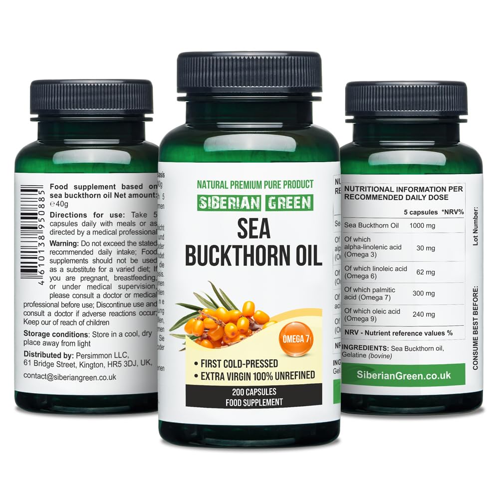 Siberian Sea Buckthorn Oil Capsules 200 Softgels | from Wild-harvested Siberian Sea