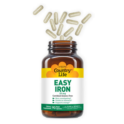 Country Life Easy Iron 25 mg | Gentle, Non-Constipating Iron Supplement | Supports Energy & Red Blood Cell Production | Certified Gluten-Free & Vegan | 90 Vegan Capsules