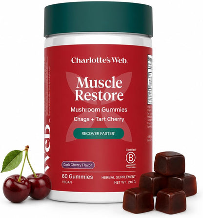 Charlotte's Web Muscle Restore Mushroom Gummies for Adults — Chaga & Tart Cherry Supplement for Muscle Recovery and Fatigue — Vegan, Kosher, Non-GMO (Dark Cherry Flavor, 30 Servings)