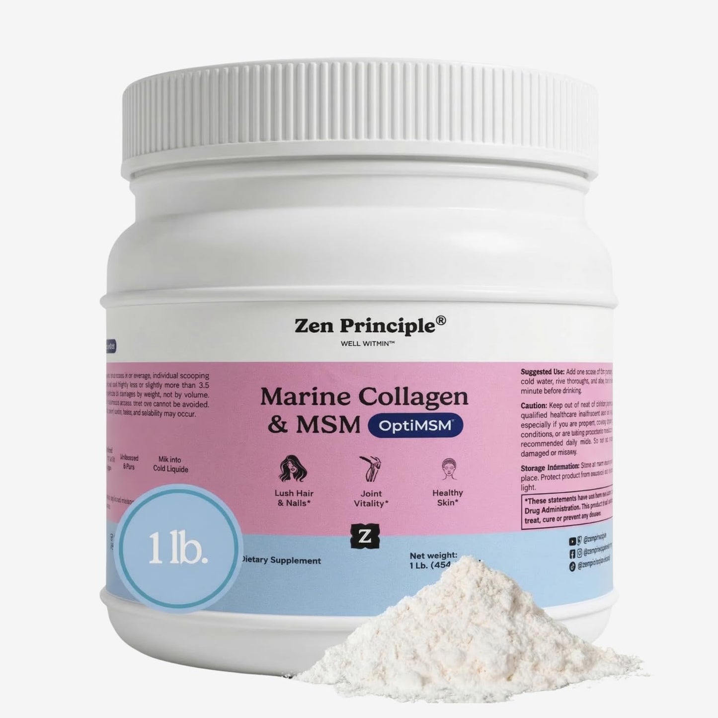 Zen Principle Marine Collagen Peptides Powder with OptiMSM® Supplement. Supports Skin Health & Appearance in Women. Wild-Caught Fish, Non-GMO. Hydrolyzed Type 1, 2, 3 & 4 Collagen, 16 oz.