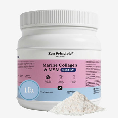 Zen Principle Marine Collagen Peptides Powder with OptiMSM® Supplement. Supports Skin Health & Appearance in Women. Wild-Caught Fish, Non-GMO. Hydrolyzed Type 1, 2, 3 & 4 Collagen, 16 oz.