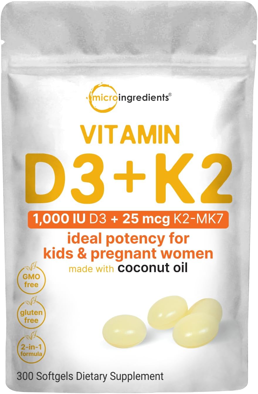 Micro Ingredients Vitamin D3 1,000 IU + K2 MK-7 25 mcg, 300 Softgels | Virgin Coconut Oil | 2-in-1 Bone, Immune & Heart Support | Easy to Swallow, Non-GMO