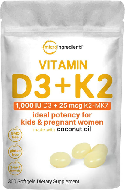 Micro Ingredients Vitamin D3 1,000 IU + K2 MK-7 25 mcg, 300 Softgels | Virgin Coconut Oil | 2-in-1 Bone, Immune & Heart Support | Easy to Swallow, Non-GMO