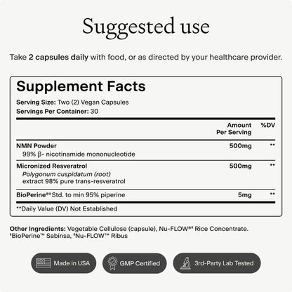 OMRE NMN + Resveratrol Supplement 99% Purity for Cellular Energy, NAD+ Boost | Highly Bioavailable Nicotinamide Mononucleotide Supplement Resveratrol 500mg & NMN 500mg, Made in USA, 60 Capsules