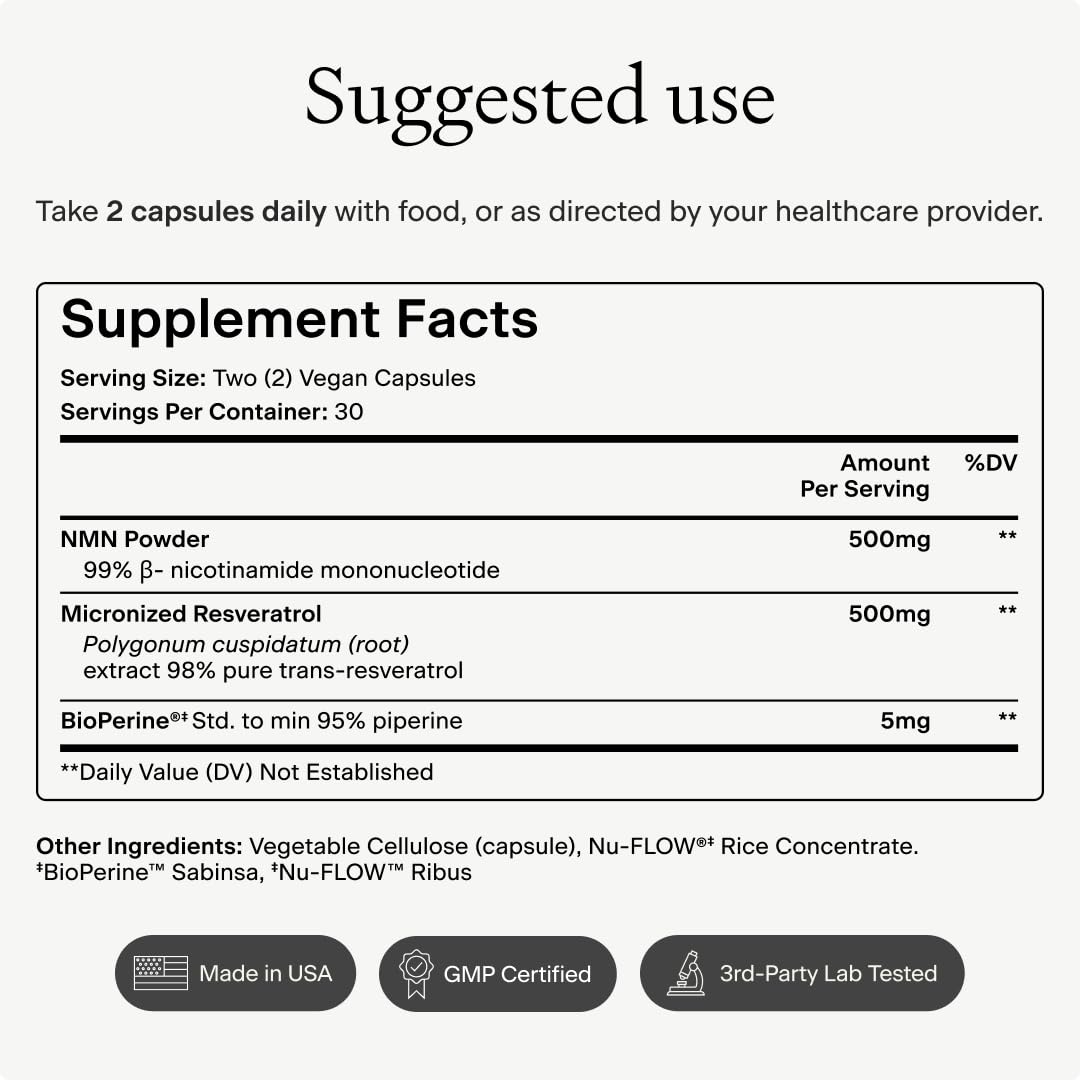 OMRE NMN + Resveratrol Supplement 99% Purity for Cellular Energy, NAD+ Boost | Highly Bioavailable Nicotinamide Mononucleotide Supplement Resveratrol 500mg & NMN 500mg, Made in USA, 60 Capsules
