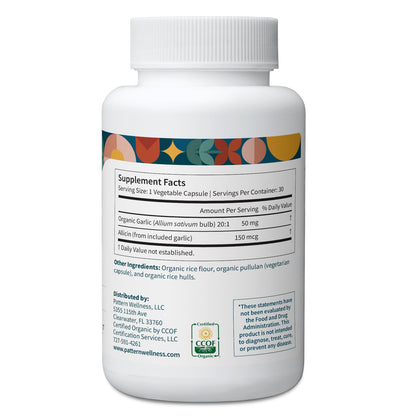 Pattern Wellness Odorless Organic Garlic Extract 20:1 with Allicin – Supports Circulatory & Immune Health – Non-GMO, Gluten Free, Vegan - 30 Capsules | 20:1 Garlic Extract with Allicin – Supports Circulatory & Immune Health – Non-GMO, Gluten Free & Vegan