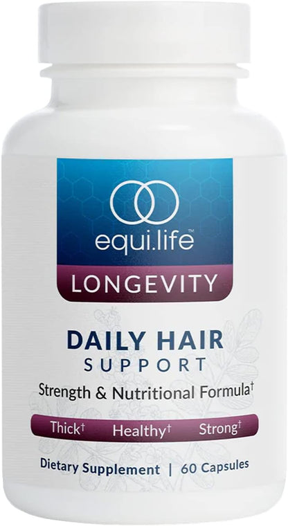 Equilife Daily Hair Support Supplement, Blend with Biotin, 60 Capsules | Ashwagandha, Zinc & Saw Palmetto | Helps Enhance Thickness & Strength | Supports Hair Growth & Repair | Gluten Free | Non-GMO