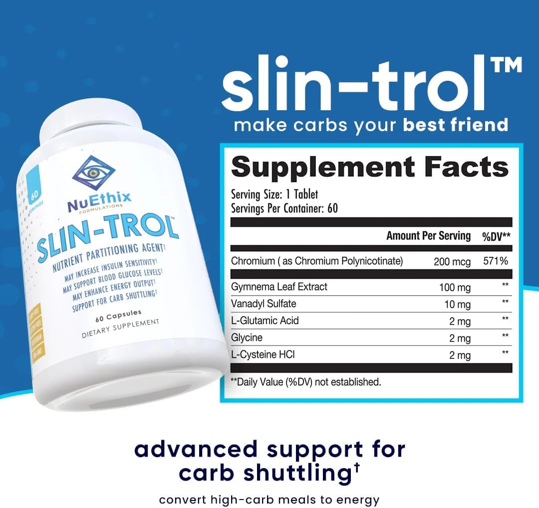 NuEthix Formulations SLIN-Trol, Glucose Disposal Agent Pills for Men & Women, Nutrient Partitioning Supplement with Chromium Polynicotinate, & Glycine, Effective Carb Absorption, Non-GMO, 60 Servings