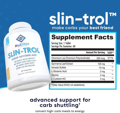 NuEthix Formulations SLIN-Trol, Glucose Disposal Agent Pills for Men & Women, Nutrient Partitioning Supplement with Chromium Polynicotinate, & Glycine, Effective Carb Absorption, Non-GMO, 60 Servings