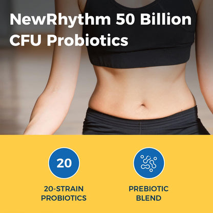 NewRhythm Probiotics 50 Billion CFU 20 Strains, 60 Veggie Capsules, Targeted Release Technology, Stomach Acid Resistant, No Need for Refrigeration, Non-GMO, Gluten Free