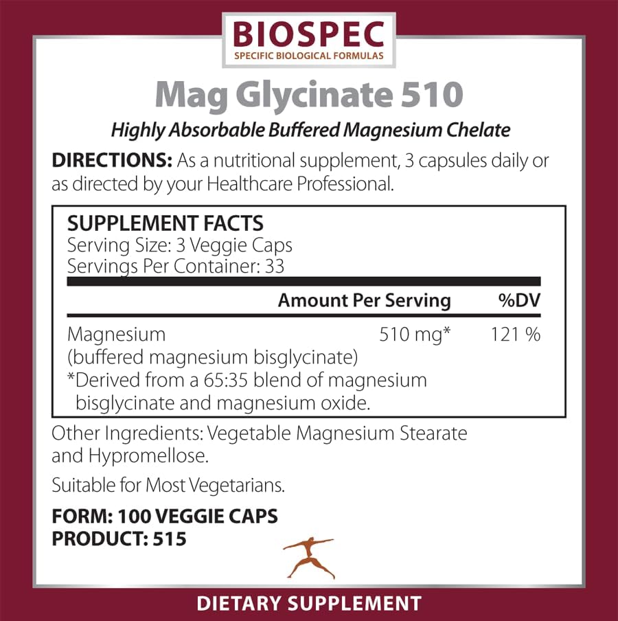 Biospec Nutritionals Mag Glycinate 510 – Magnesium Glycinate – Nutritional Supplement for Stress, Heart Health, Nerves, Muscles, Energy, and Metabolism* - (100 Capsules)