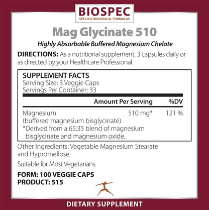 Biospec Nutritionals Mag Glycinate 510 – Magnesium Glycinate – Nutritional Supplement for Stress, Heart Health, Nerves, Muscles, Energy, and Metabolism* - (100 Capsules)