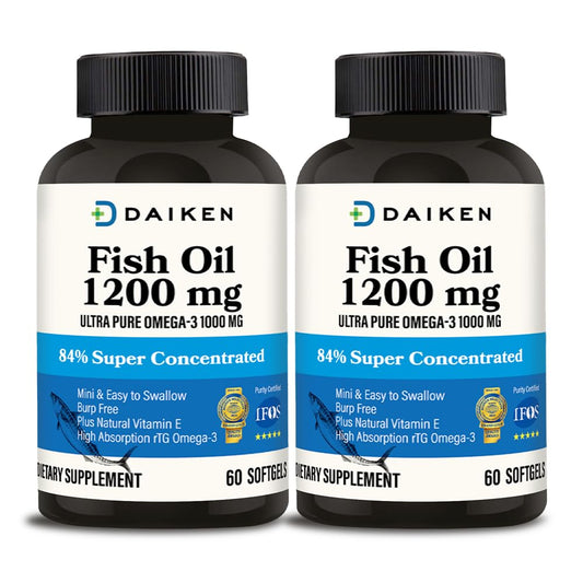 DAIKEN Mini Fish Oil 1200 mg, rTG Omega 3 1000mg, 60 Softgels, High Absorption & Burpless Fish Oil for Healthy Heart, Brain and Dry Eyes Support (Pack of 2)