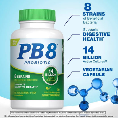 PB8 Probiotic | 14 Billion CFU | 120 Vegetarian Capsules | 8 Strains | for Women and Men | Gluten, Milk, and Soy Free Supplement