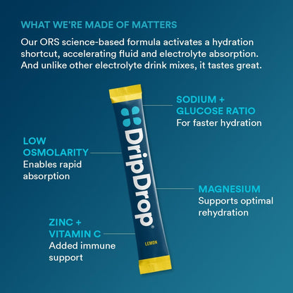 DripDrop Hydration Lemon & Orange Bundle, Electrolyte Packets, 64 Count | Lemon, Orange; 3X Electrolytes; Potassium, Magnesium, Zinc, Vitamin C; Single Serve; Portable; Daily Use, Workouts, Travel