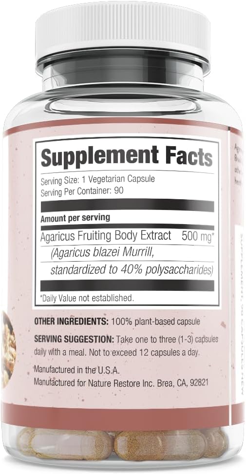 Nature Restore Agaricus Blazei Murill Mushroom Extract Capsules. Standardized High Polysaccharides for Advanced Cellular & Immune Support. Bioavailable Fruiting Body, 100% Vegan