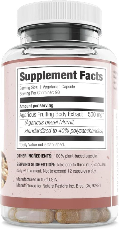 Nature Restore Agaricus Blazei Murill Mushroom Extract Capsules. Standardized High Polysaccharides for Advanced Cellular & Immune Support. Bioavailable Fruiting Body, 100% Vegan