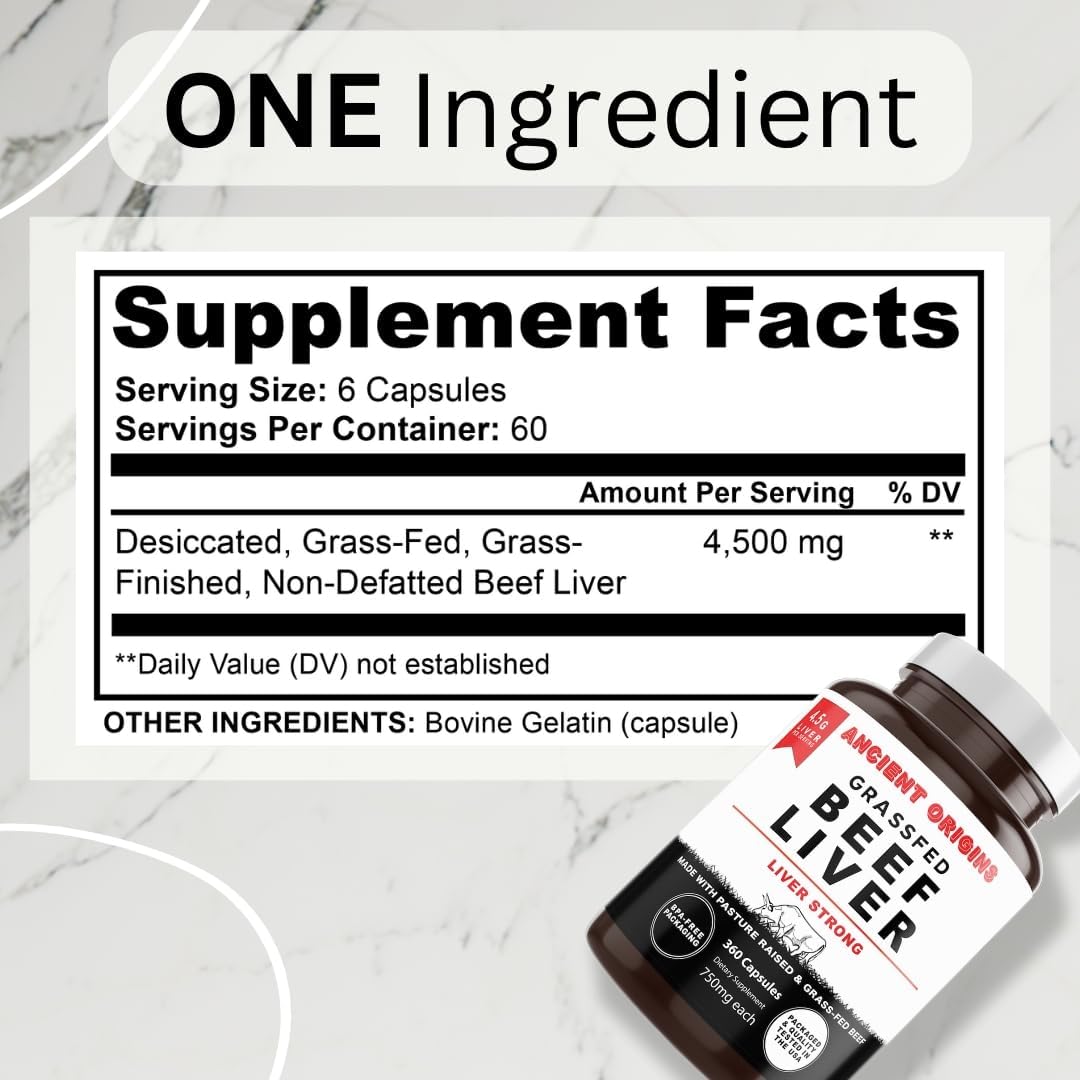 Ancient Origins Grass Fed Beef Liver Two Month Supply, Supports Energy Production, Cleansing, Digestion, Immunity and Full Body Wellness, Non GMO, Freeze Dried Liver Supplement, 360 Capsules