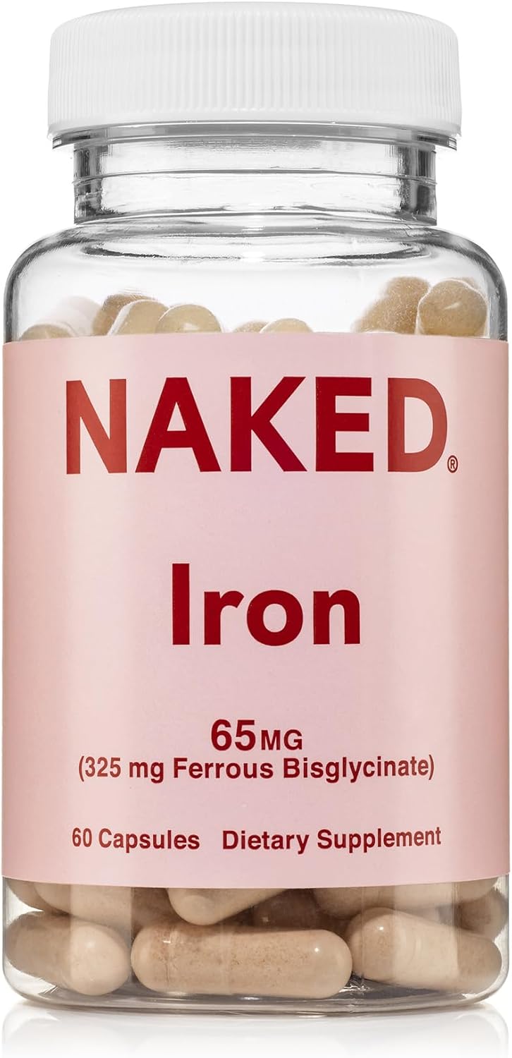 Naked Iron 65mg, 325mg Ferrous Bisglycinate - High Potency Iron Supplement for Iron Deficiency, Cellular Energy Support, Promotes Healthy Red Blood Cell Production, Non-GMO, Gluten-Free, 60 Capsules