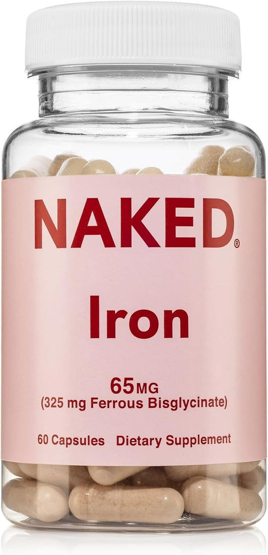 Naked Iron 65mg, 325mg Ferrous Bisglycinate - High Potency Iron Supplement for Iron Deficiency, Cellular Energy Support, Promotes Healthy Red Blood Cell Production, Non-GMO, Gluten-Free, 60 Capsules