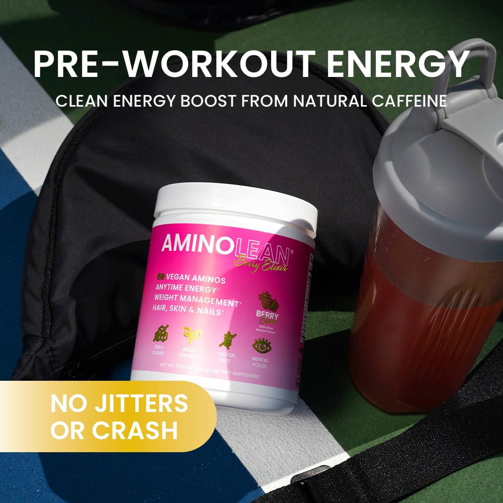 AminoLean Pre Workout Powder & Natural Amino Energy with Vegan BCAA + EAA | Jitter-Free Preworkout Energy from Green Tea + Amino Acids & Weight Management for Women & Men - Vegan, Zero Sugar, No Crash