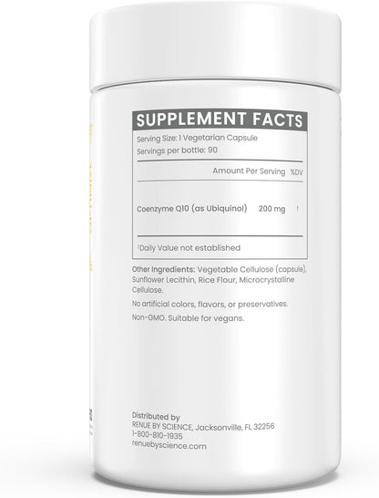Renue By Science CoQ10 - Coenzyme Q10 as Ubiquinol CoQ10 | High Strength Liposomal CoQ10 200mg Supplement | 90 Co Q10 Capsules | Non-GMO & Allergen Free | Made in the USA Third-Party Tested