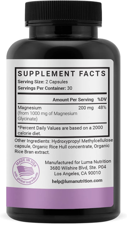 Luma Nutrition Magnesium Glycinate 1000mg Supplement - 60 Capsules
