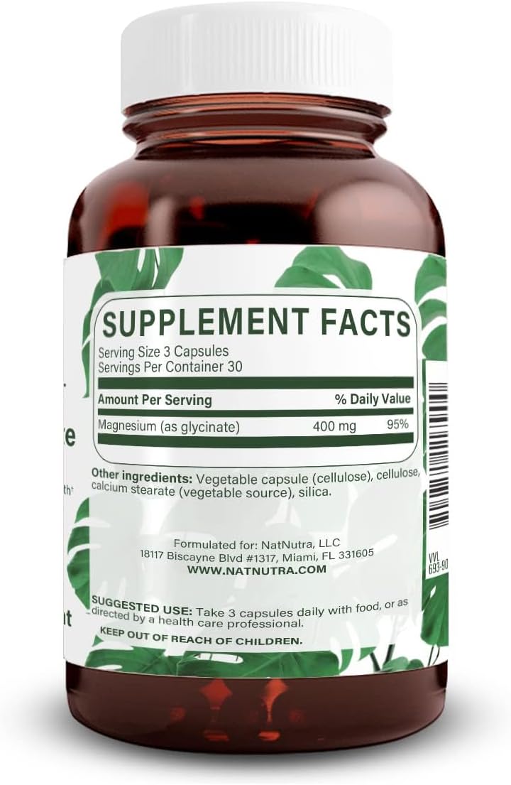 Natural Nutra Magnesium Glycinate 400 mg Supplement, Promotes Cardiovascular Health, Vegan, Helps Improve Bone Health, Soy Free, 90 Capsules