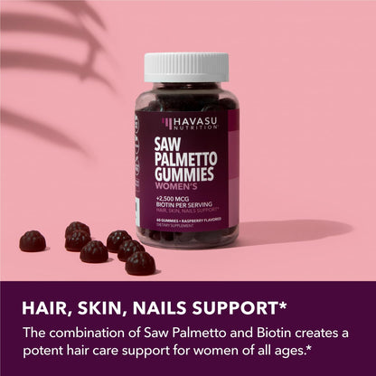 Saw Palmetto Gummies for Women, Raspberry, 60ct, 2500mcg Biotin | DHT Blocker & Hair, Skin, Nail Health Gummies, Supports Stronger-Looking Hair, Raspberry Flavor, 1 Month Supply