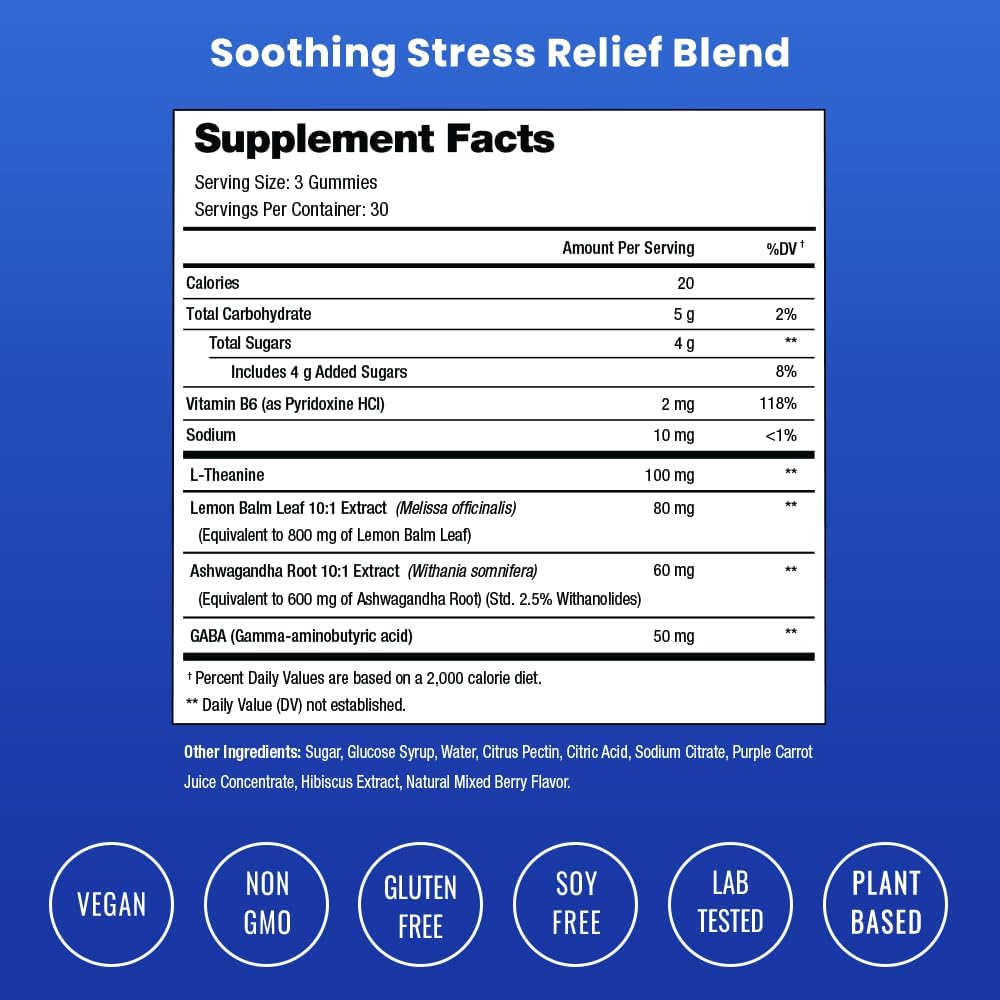 NutraChamps Calm Gummies, Stress Gummies Supplement with Ashwagandha, L-Theanine, GABA, Vitamin B6 & Lemon Balm, Supports Mood, Focus & Stress Relief, Natural Berry, 90 Gummies