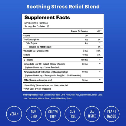 NutraChamps Calm Gummies, Stress Gummies Supplement with Ashwagandha, L-Theanine, GABA, Vitamin B6 & Lemon Balm, Supports Mood, Focus & Stress Relief, Natural Berry, 90 Gummies