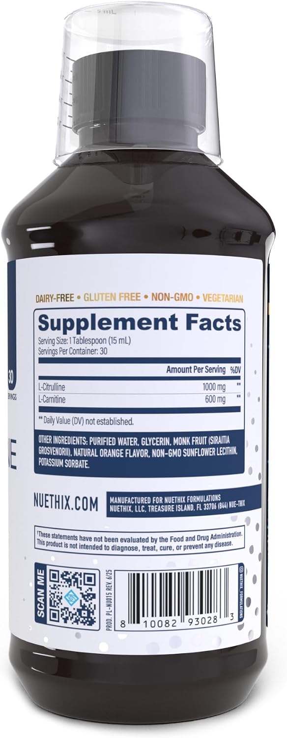 NuEthix Formulations Lipsomal L-Carnitine Supplement 600mg with L-Citrulline 1000mg for Healthy Weight Management, Fat Metabolism, Energy Production and Increased Blood Flow, for Men & Women