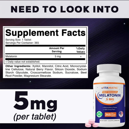 Vitamatic Melatonin 5 mg Tablets | Vegetarian, Non-GMO, Gluten Free | 1 Year Supply | Natural Berry Flavor - 365 Tablets