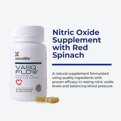 Xtendlife VasQFlow Nitric Oxide Booster - for Circulation, Blood Flow, Heart & Muscle Support-with Red Spinach Extract & Aged Garlic - 1 Month Supply (90 Count)