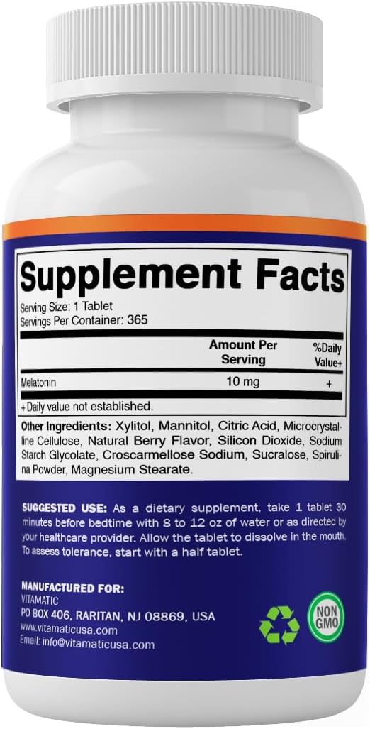 Vitamatic Melatonin 10 mg Fast Dissolve Tablets – Quick-Dissolving Sleep Support Supplement for Adults – Vegetarian, Non-GMO & Gluten-Free – Natural Berry Flavor – 365 Tablets