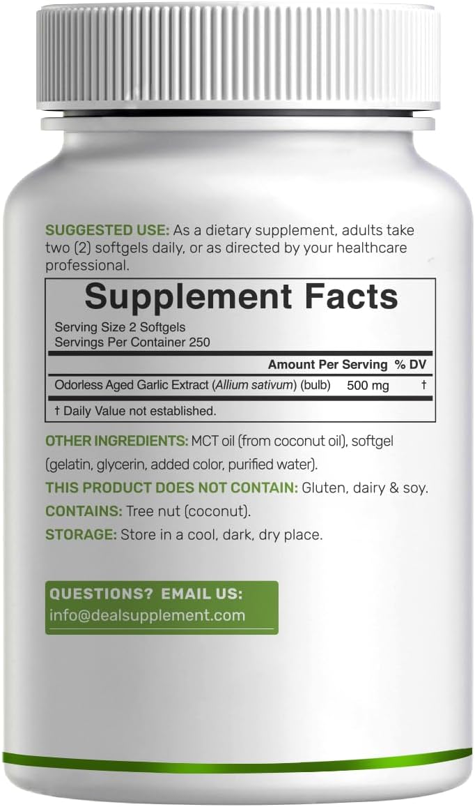 Odorless Aged Garlic, 500 Softgels – Enhanced with MCT Oil - Fresh Allium Sativum Bulb Source – 2-Years Aged Garlic Extract – Non-GMO, cGMP Manufactured