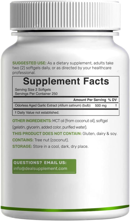 Odorless Aged Garlic, 500 Softgels – Enhanced with MCT Oil - Fresh Allium Sativum Bulb Source – 2-Years Aged Garlic Extract – Non-GMO, cGMP Manufactured
