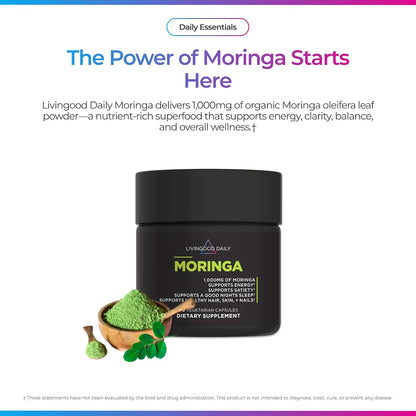 Livingood Daily Moringa Capsules, Moringa Supplement for Energy, Sleep, Satiety, Hair, Skin, Nails & Wellness, Plant Based Vegetarian, Gluten Free, Non GMO, Vegan, Daily Greens Superfood, 60 Capsules