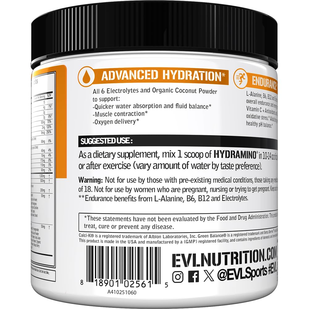 Evlution Nutrition HYDRAMINO Complete Hydration Multiplier, 6 Electrolytes, Vitamin C & B, Fluid Boosting Aminos, Coconut Water, Endurance, Recovery, Antioxidants, 30 Serve, Orange Mango (Dye Free)